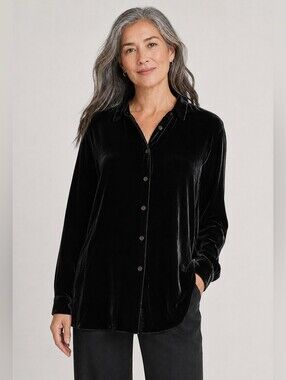 🖤 Eileen Fisher Black Velvet Button-Front Tunic Shirt – Large